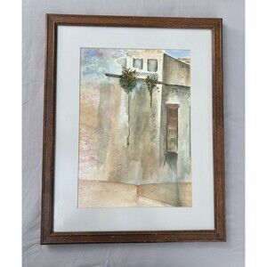 Original Signed Watercolor Courtyard Scene – Mediterranean Style – Framed 16x20